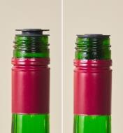 A bottle sealed with an Airtender stopper valve and one with an Airtender stopper valve set loosely in the neck