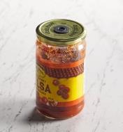 A jar of salsa with an Airtender stopper valve set in the lid