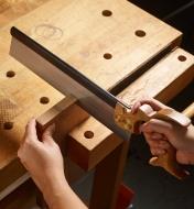 Cutting the end of a board with a dovetail saw