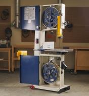 Open doors on a Rikon 18" bandsaw showing the wheels