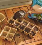 Using a ½ cup stainless-steel scoop to fill a seedling tray with soil