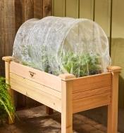 Garden hoops support the insect protection fabric that is covering plants in a raised bed