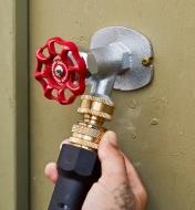 The quick connects attach a hose end to an outdoor tap