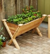 The wedge planter with vegetables and herbs growing in it next to a fence