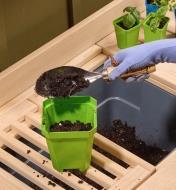 A gardener scoops soil from the potting table’s reservoir into a seedling pot