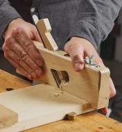 Trimming the shoulder of a rabbet joint with an E.C. Emmerich traditional wooden rabbet plane