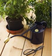 The Haws British blue watering can sitting on a table next to potted plants