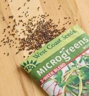 Two-week blend microgreen seeds scattered on a wood surface