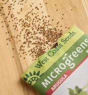 Graines pour micropousses répandues à côté d’un sachet de graines de roquette sur une surface en bois