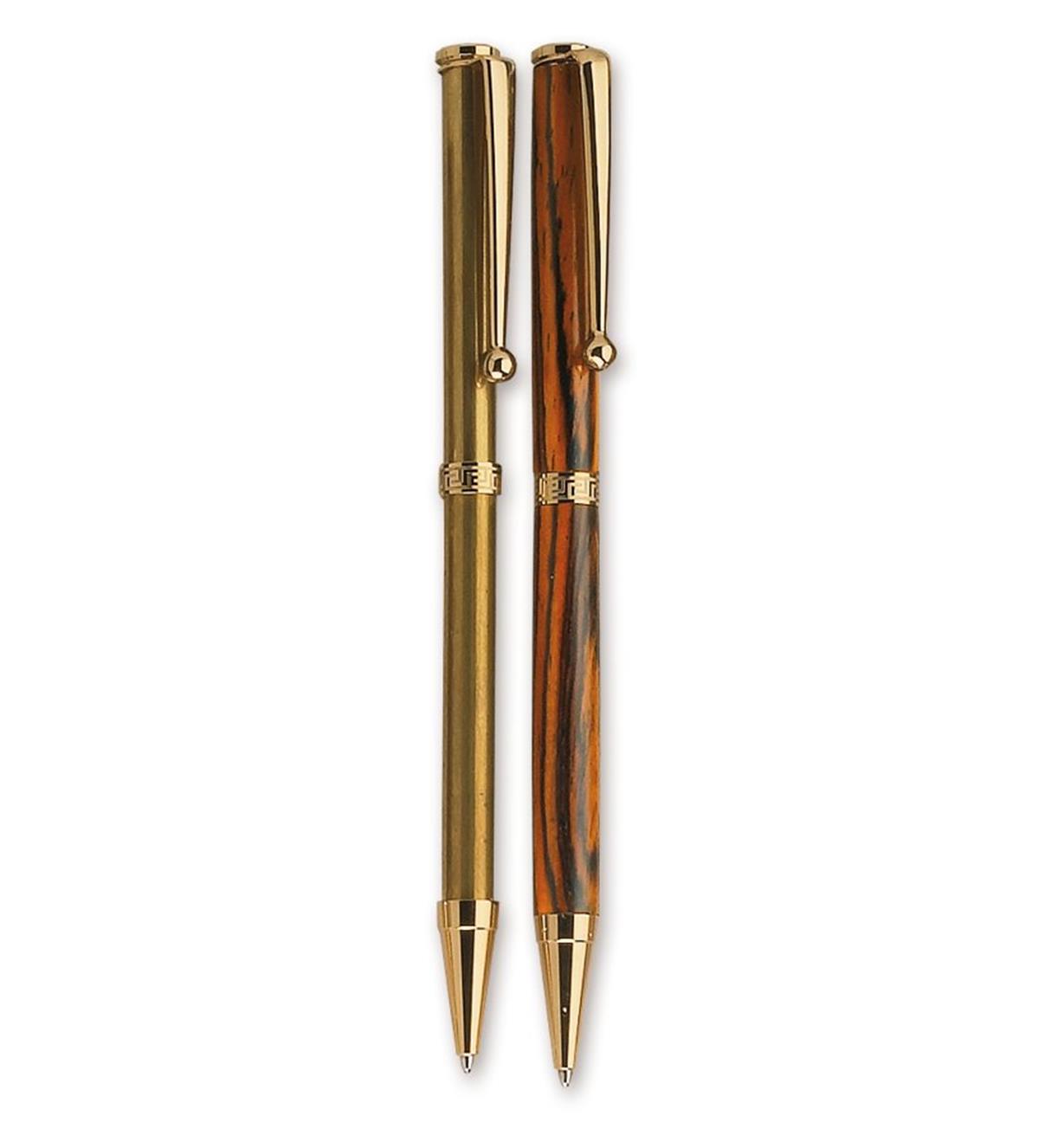 Example of completed Slim-Style Greek Key Pen beside pen hardware