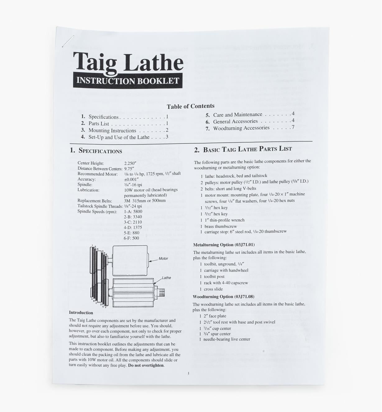 03J7100 - Taig Lathe Instruction Booklet