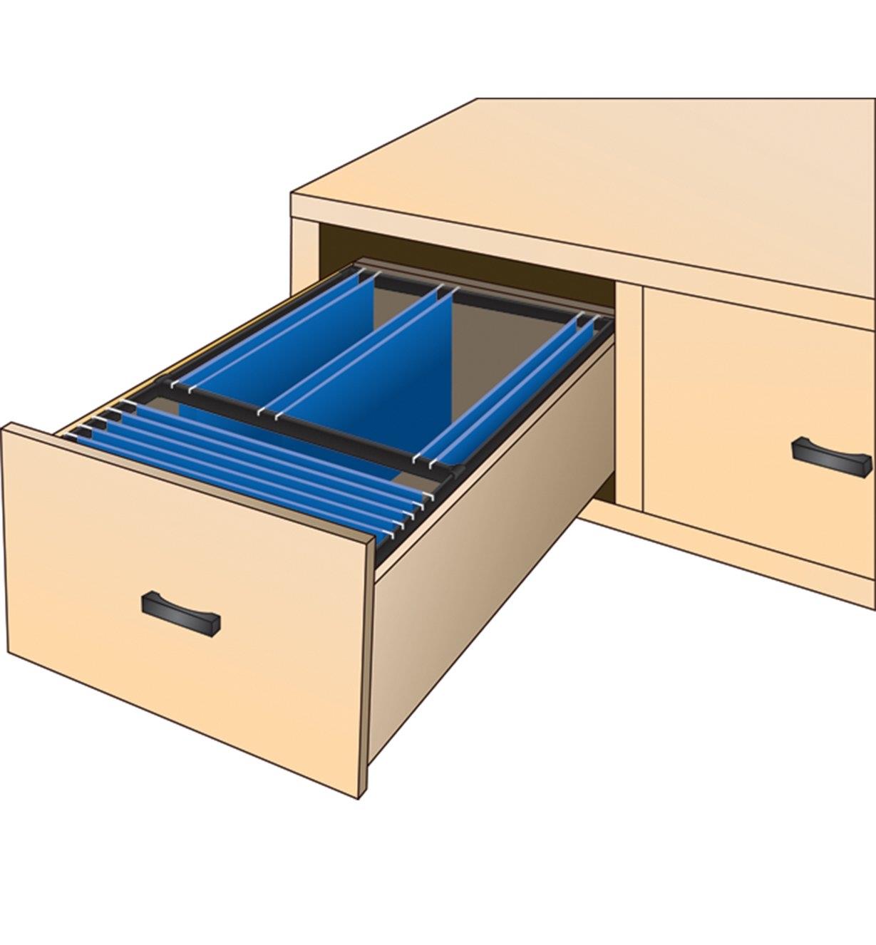 Illustration of Drawer File-Frame Kit installed in a drawer