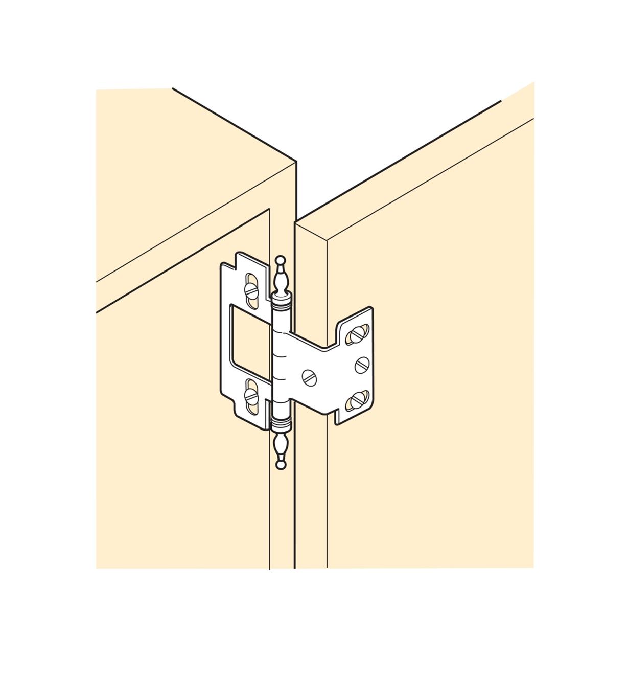 Illustration of partial-wrap inset hinge installed on a cabinet