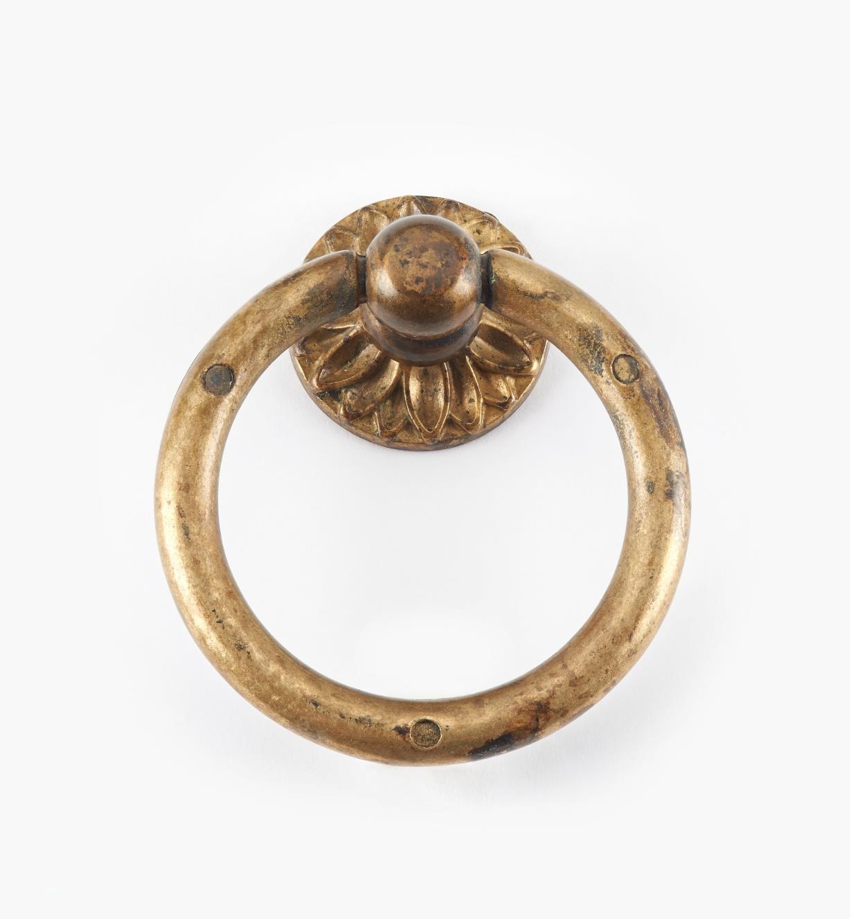 01A7542 - Poignée à anneau à motif floral Louis XVI, laiton ancien, 42 mm