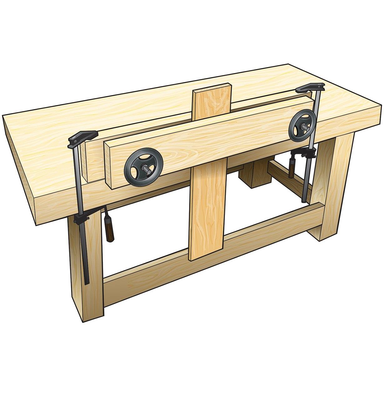 Illustration of completed Benchcrafted Moxon vise on workbench