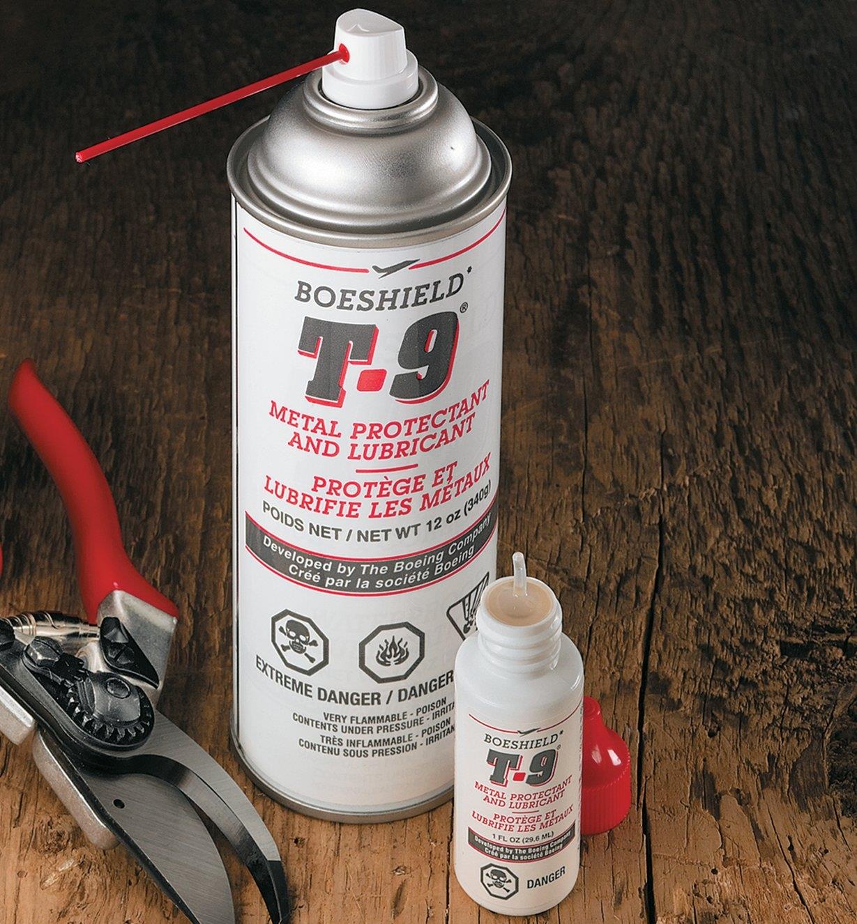 Boeshield T-9 Protectant and Lubricant next to a pair of pruners