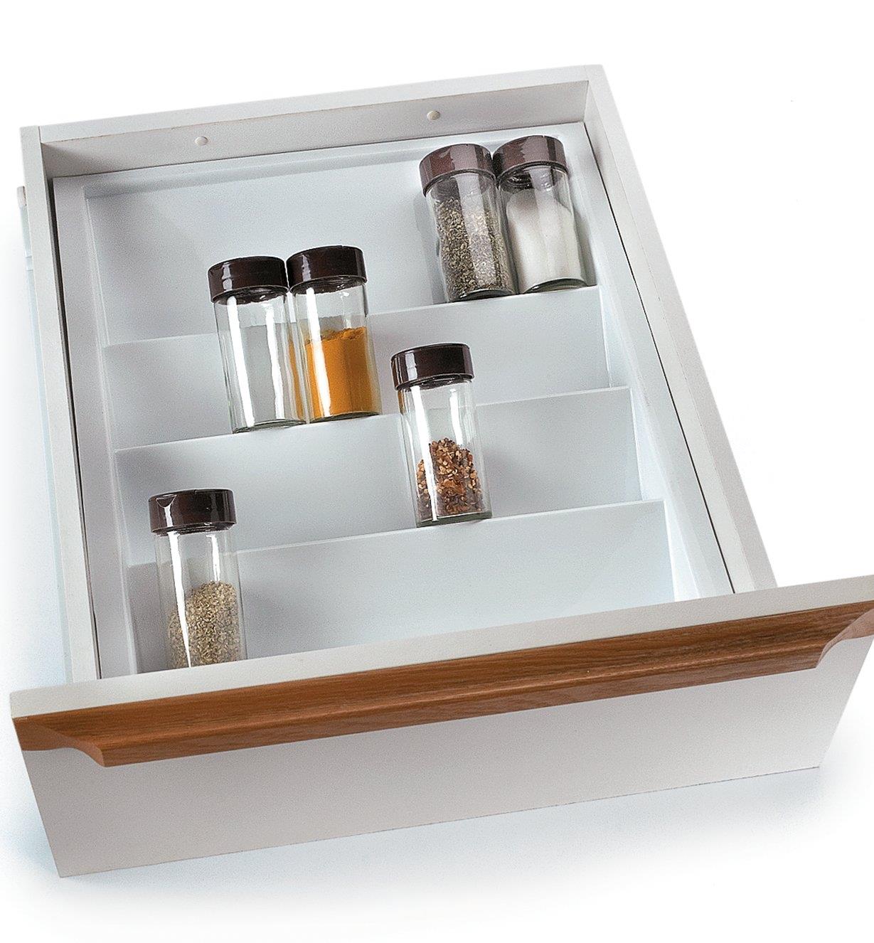 Small Spice Tray in a drawer, holding spice bottles