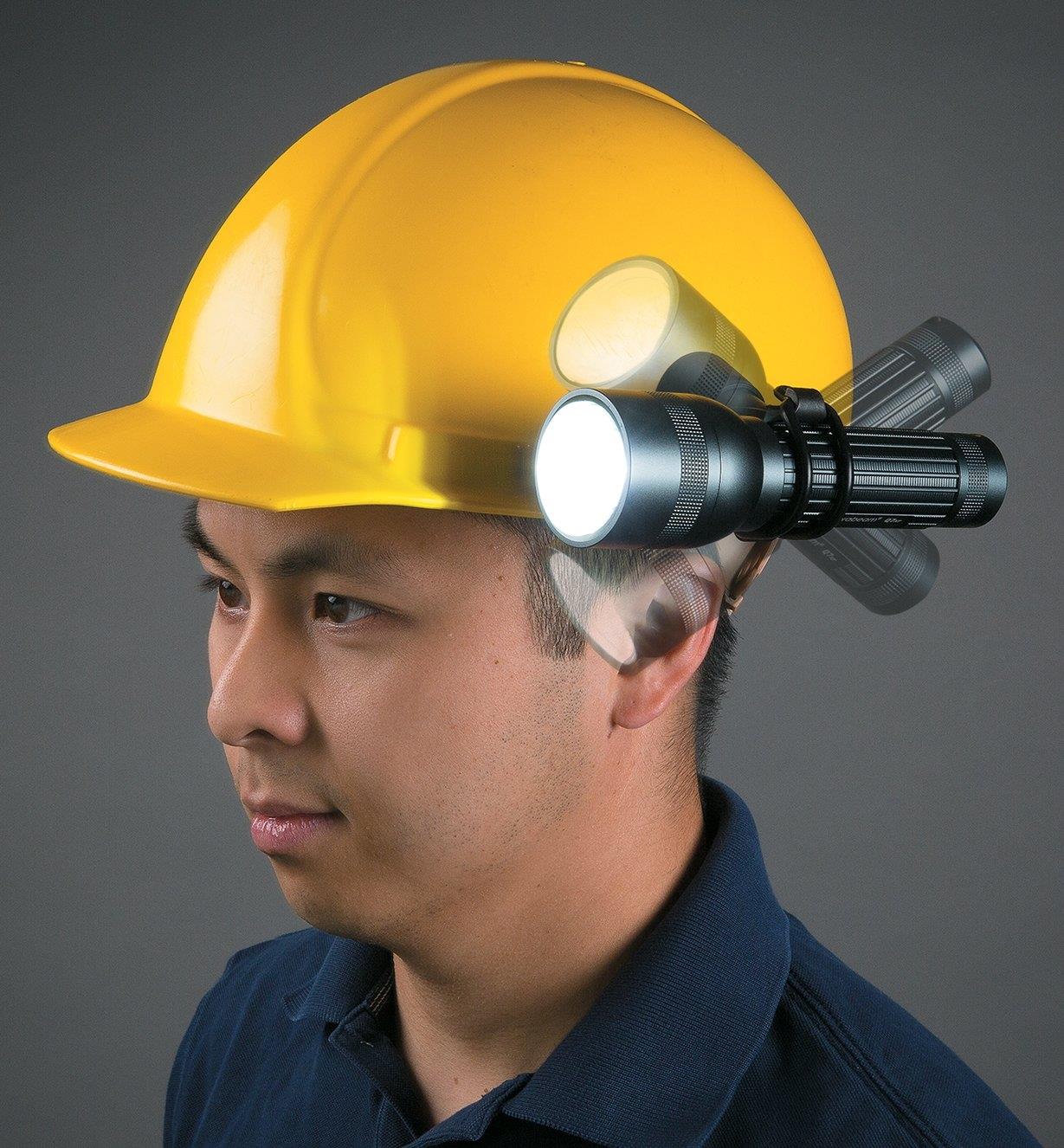 Ghosted image of a man wearing a hard hat with a flashlight held in various positions