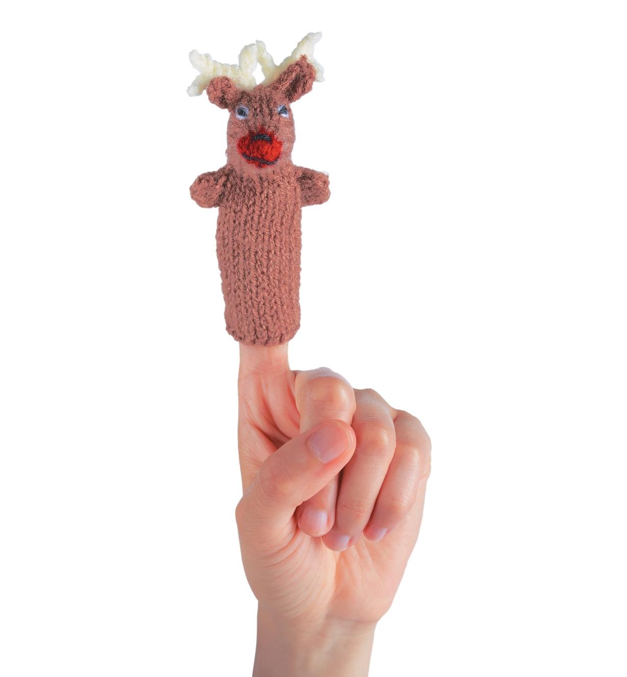 Moose puppet on a person's index finger