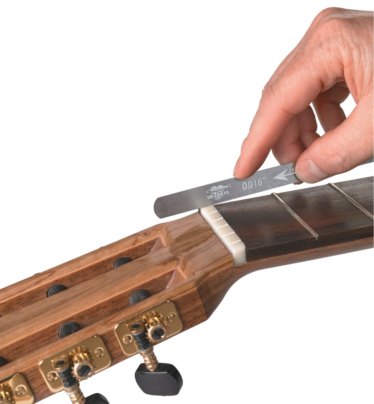 Filing guitar string slots with a Hiroshima Yasuri Nut-Slotting File