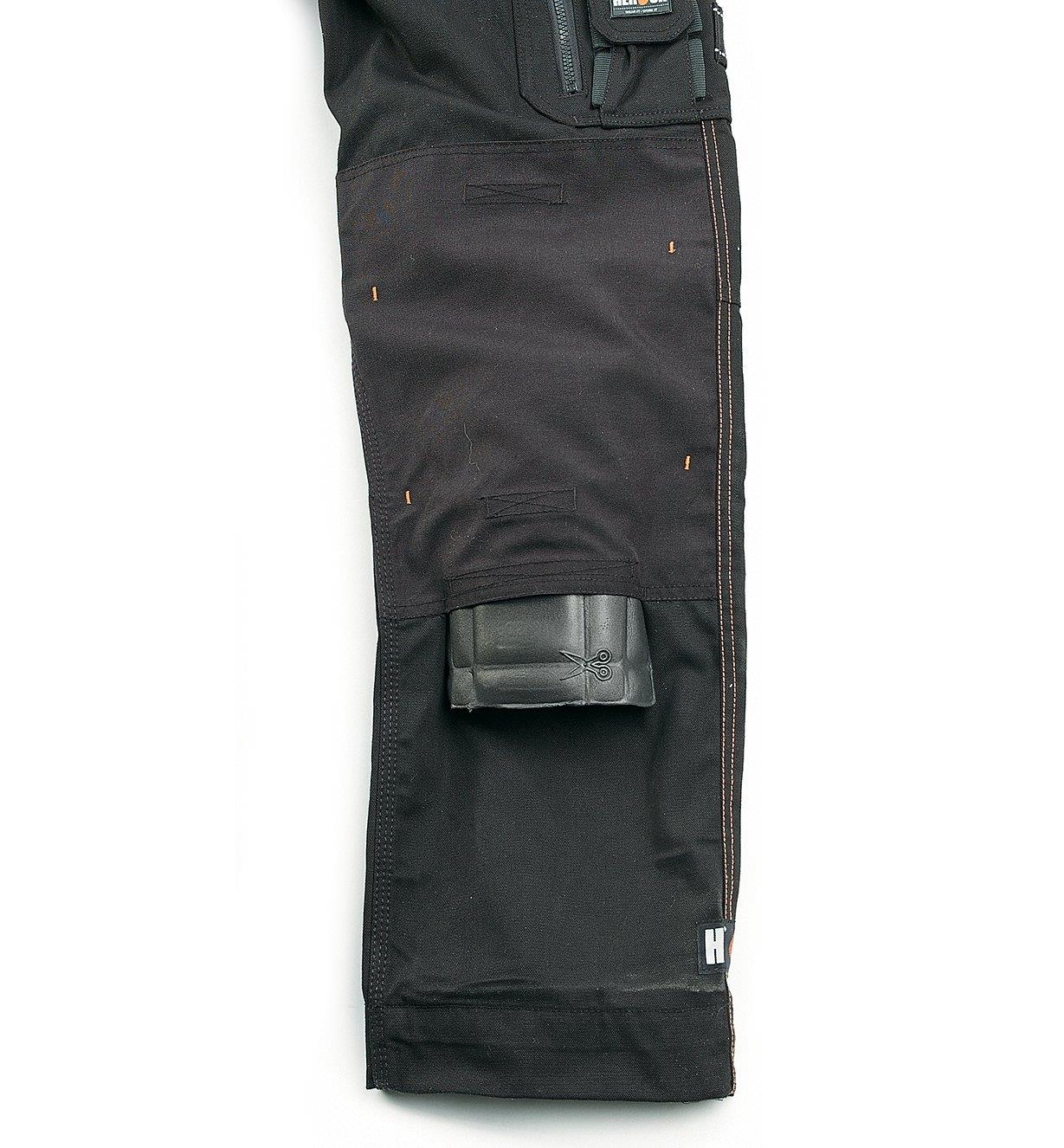 Close-up of knee pad pocket on black pants