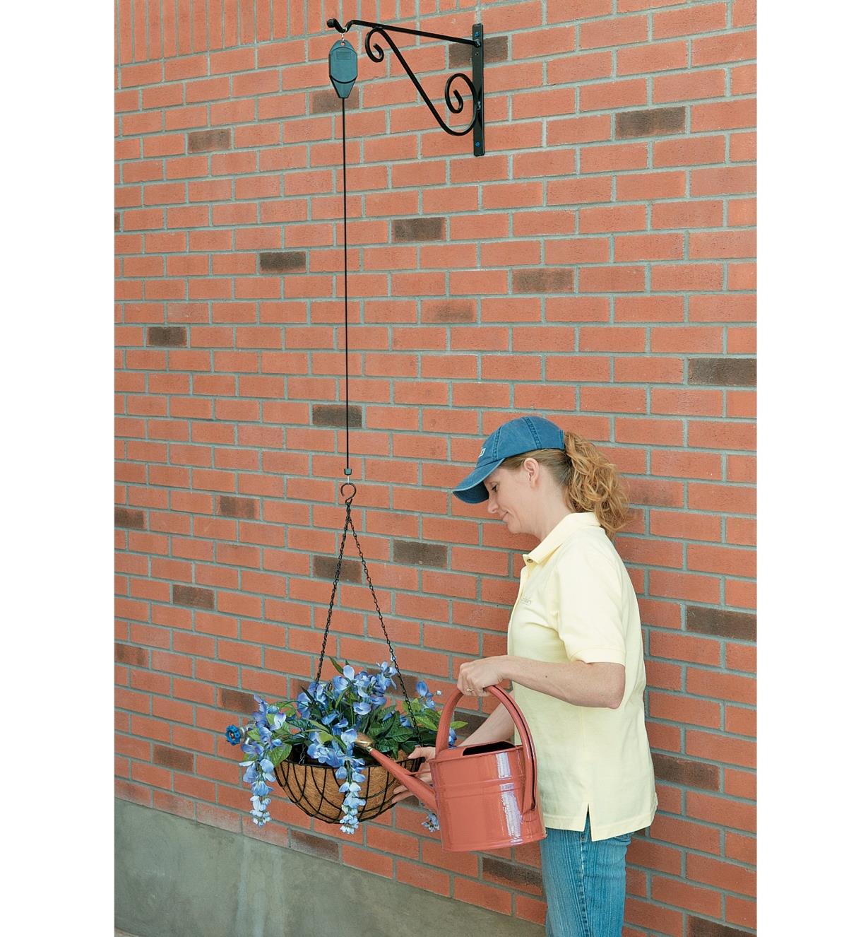 Planter basket on the Hanging Basket Pulley lowered for watering