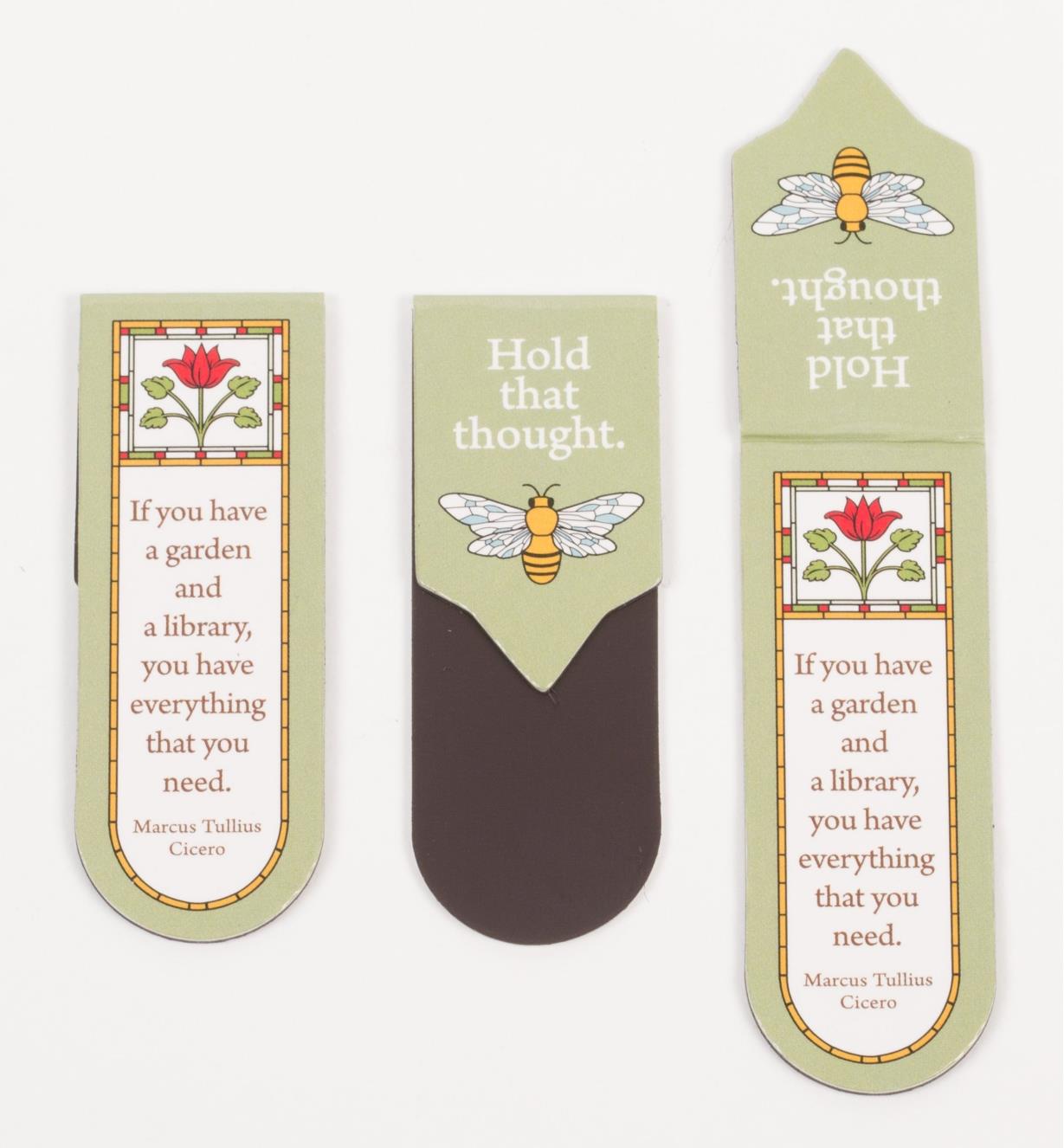 Three Gardening Magnetic Bookmarks, showing both sides when folded and one laid out flat