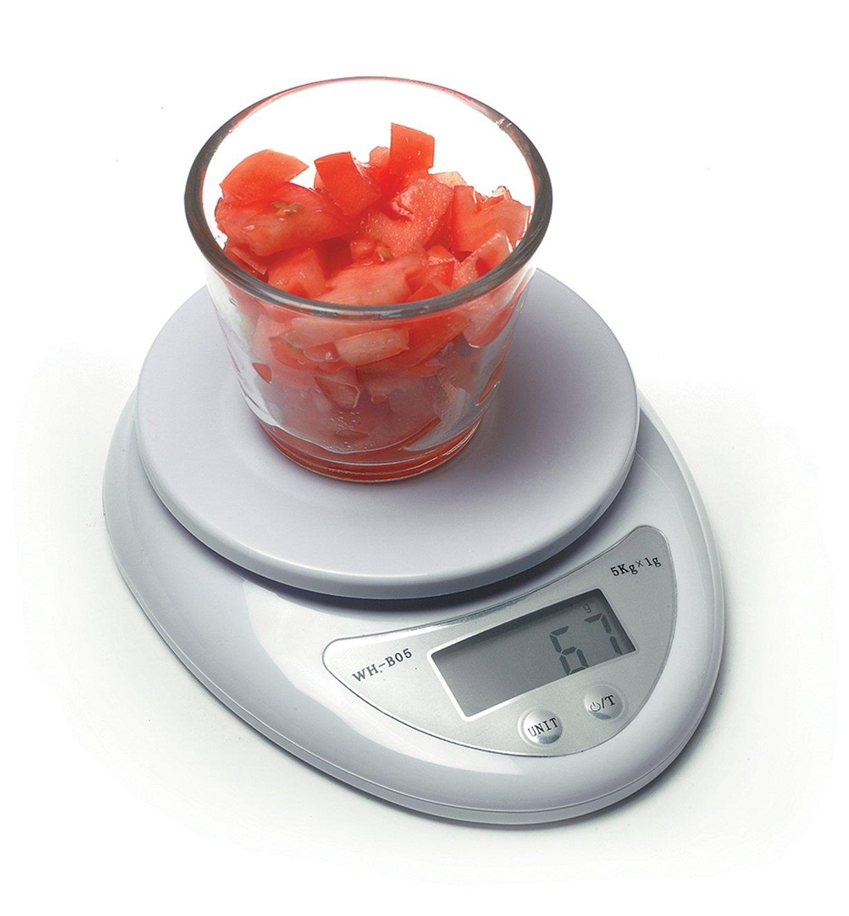 Mini Digital Kitchen Scale weighing a bowl of chopped tomatoes