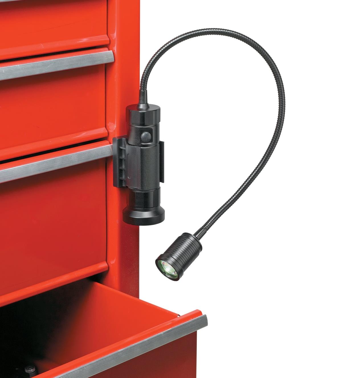 Magnetic-Mount LED Work Light mounted to a metal tool cabinet