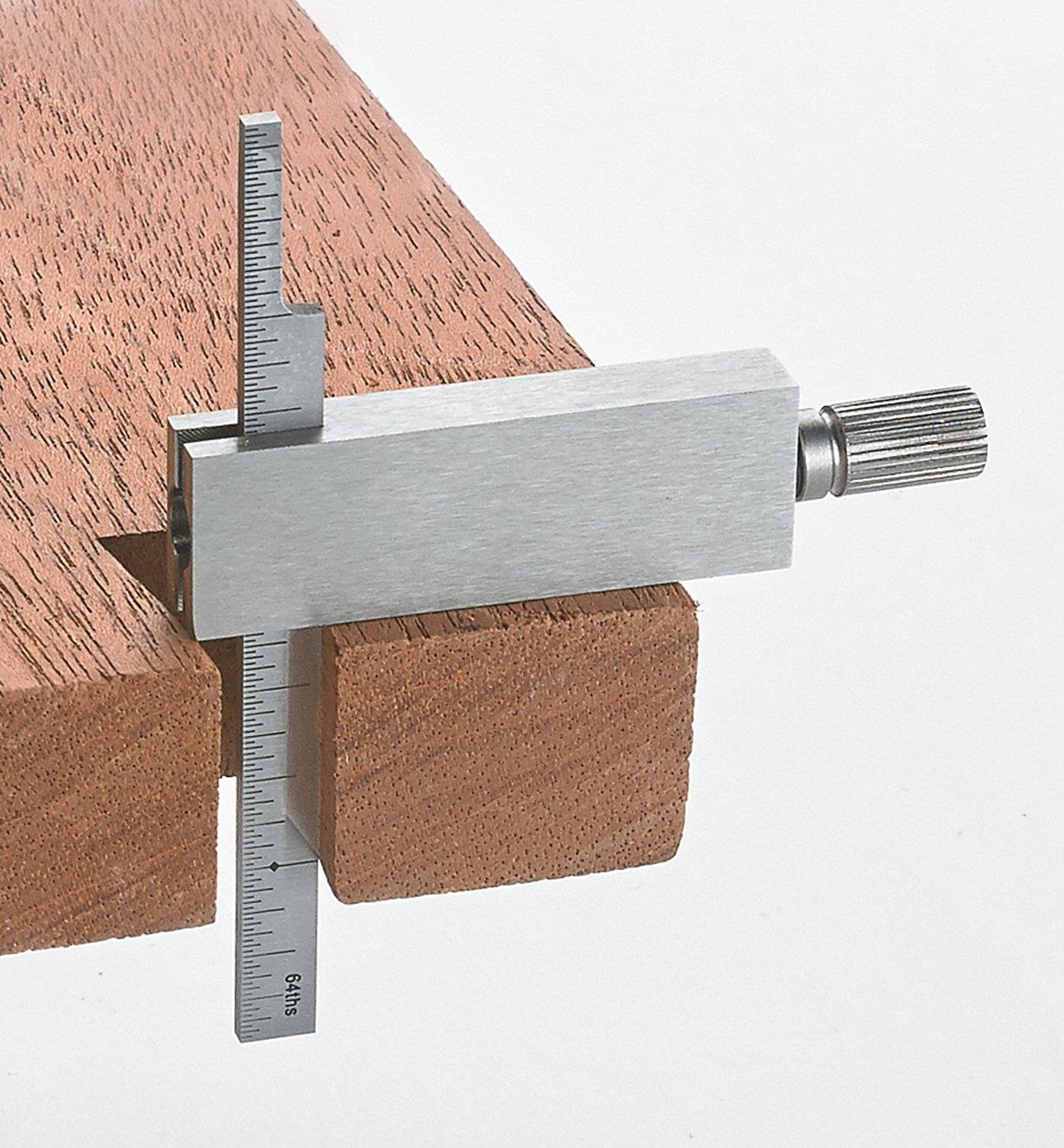 Using the small double square to check for square on a hand-cut dovetail