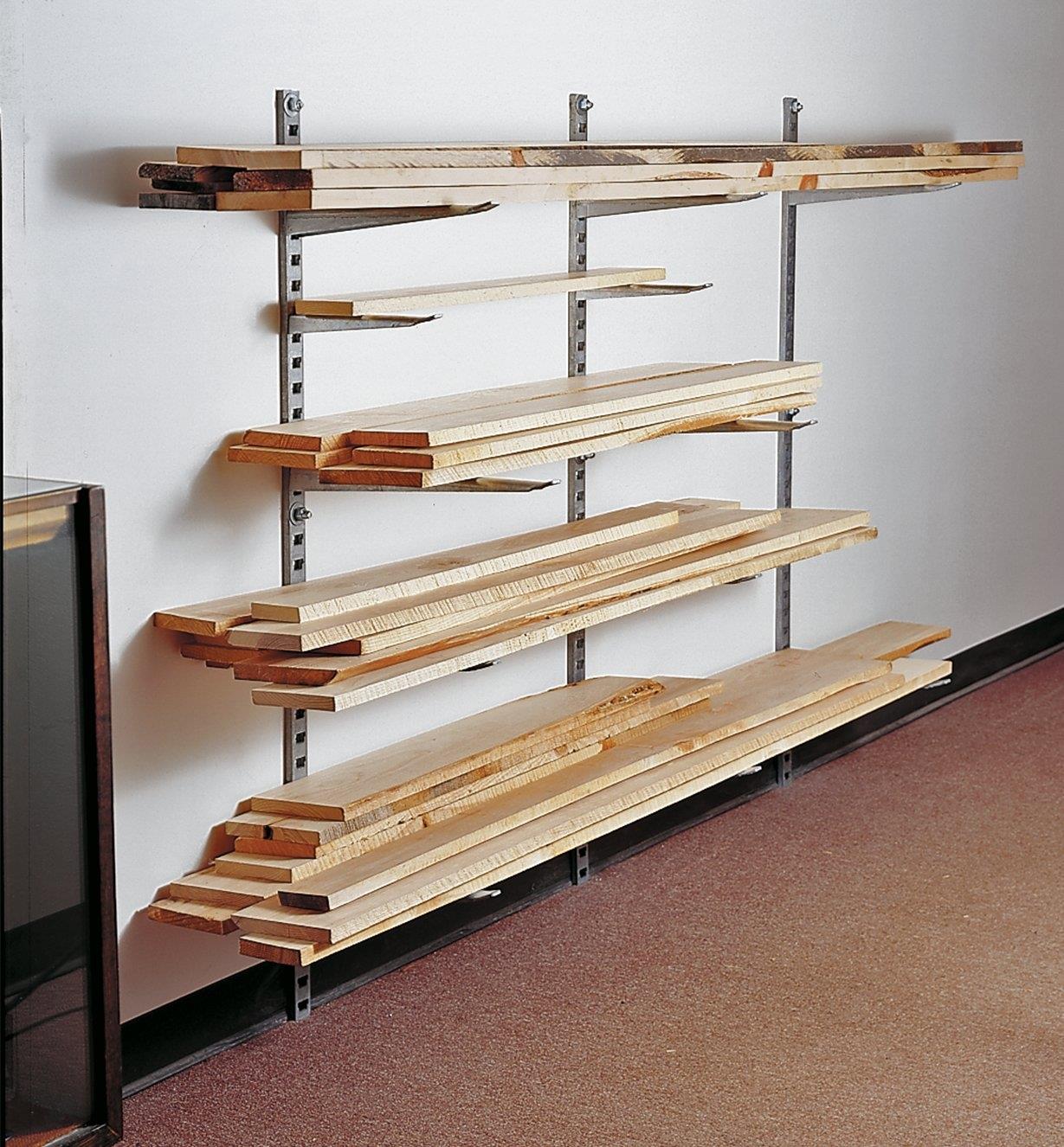 Example of installed lumber storage system holding various sizes of lumber