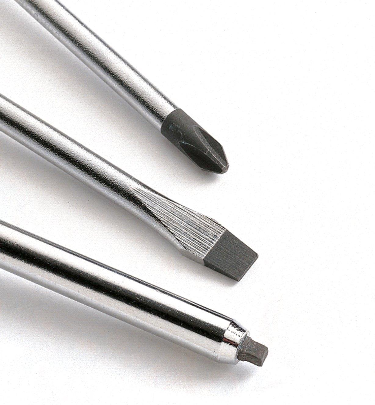 Close-up of three different screwdriver tips