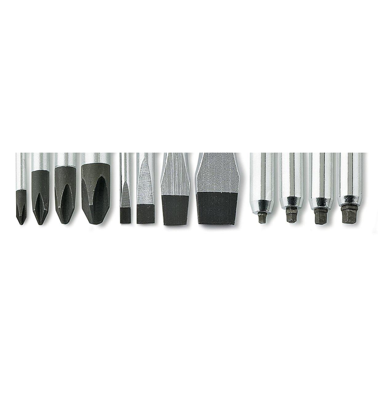 Close-up of full selection of screwdriver tips