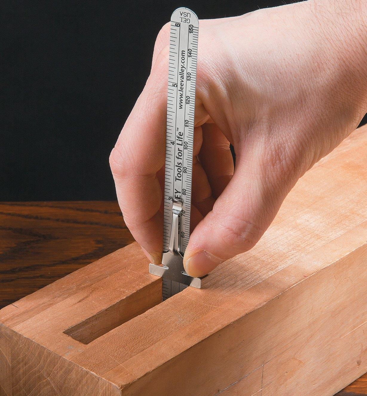 Using a Lee Valley Pocket Rule to check a mortise depth