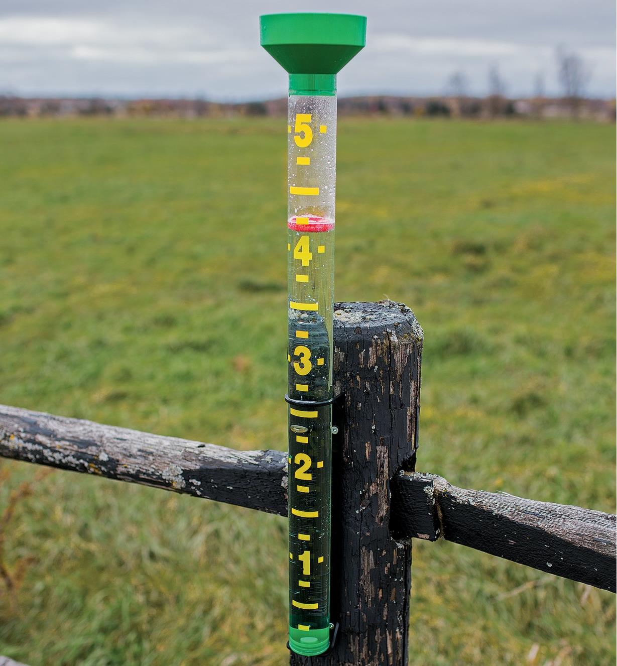 Jumbo Rain Gauge mounted to a fence post