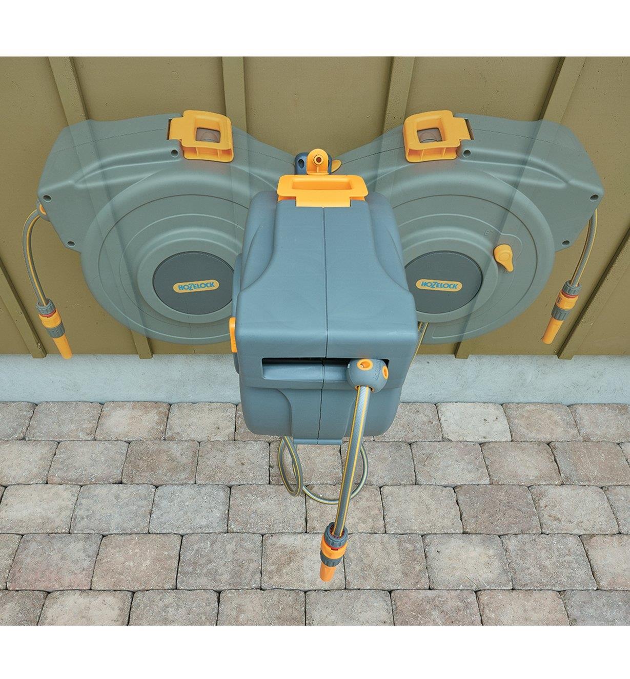 Ghosted image shows the pivoting action of the hose reel