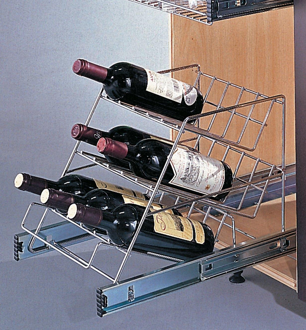 Angled Rack Pullout mounted in a cupboard, holding bottles of wine