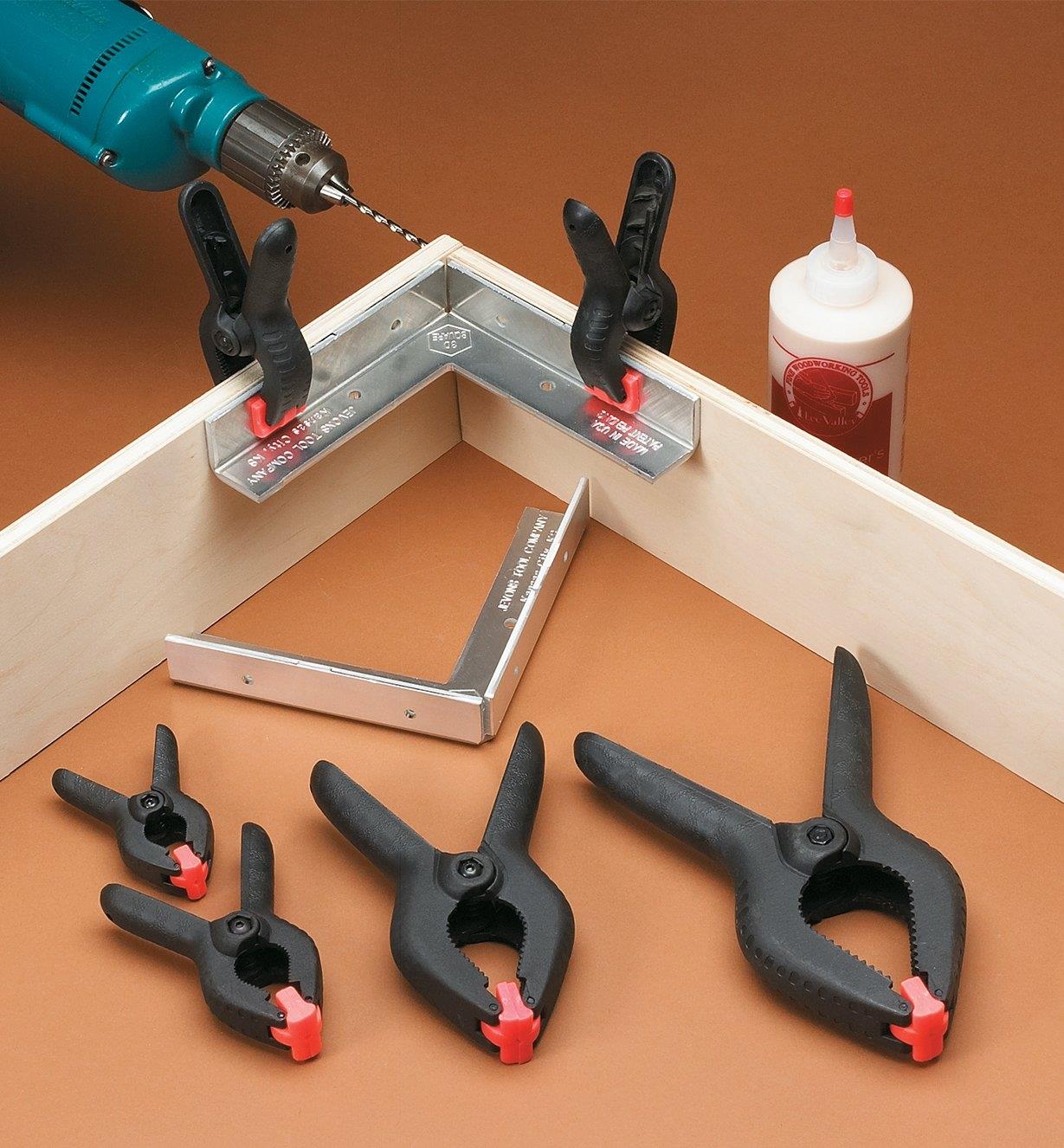 Plastic Spring Clamps used to clamp a corner joint