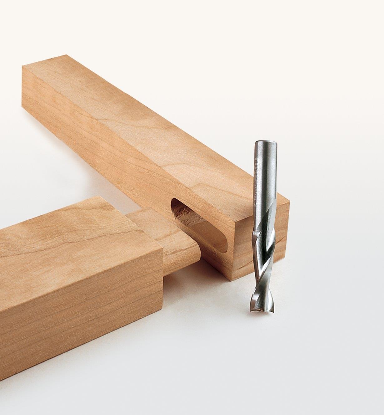 Onsrud Spiral Router Bit next to a mortise and tenon