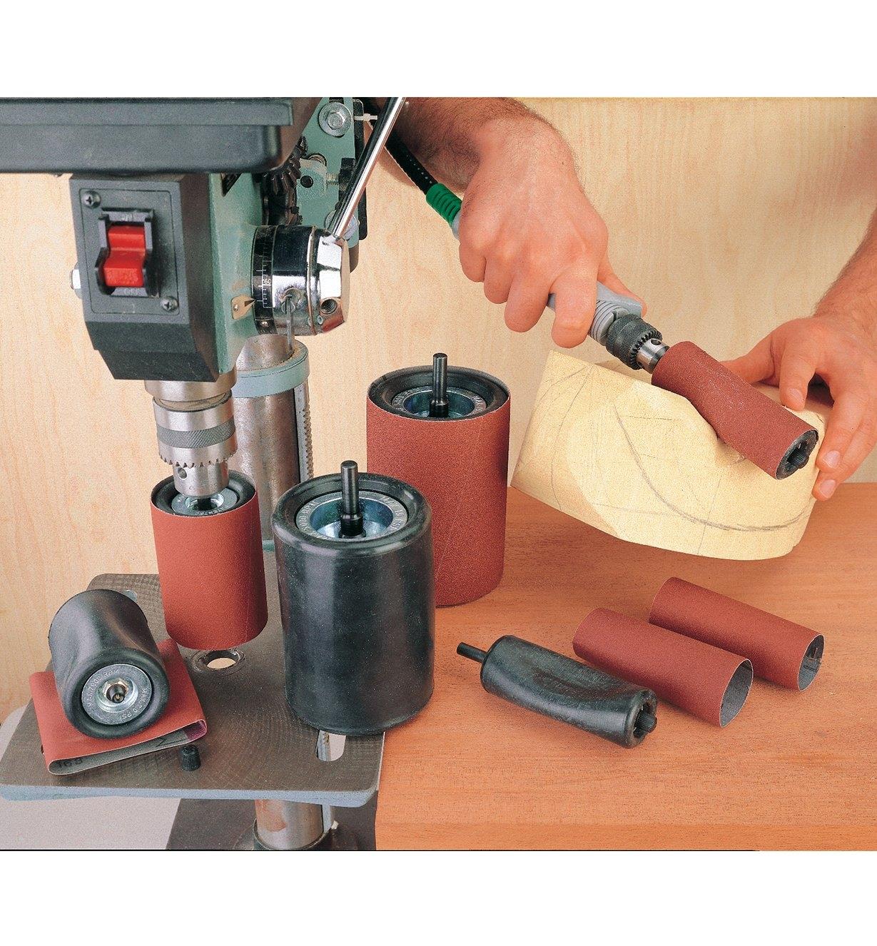 Pneumatic Sanding Drums being used on a drill press and on a flex shaft