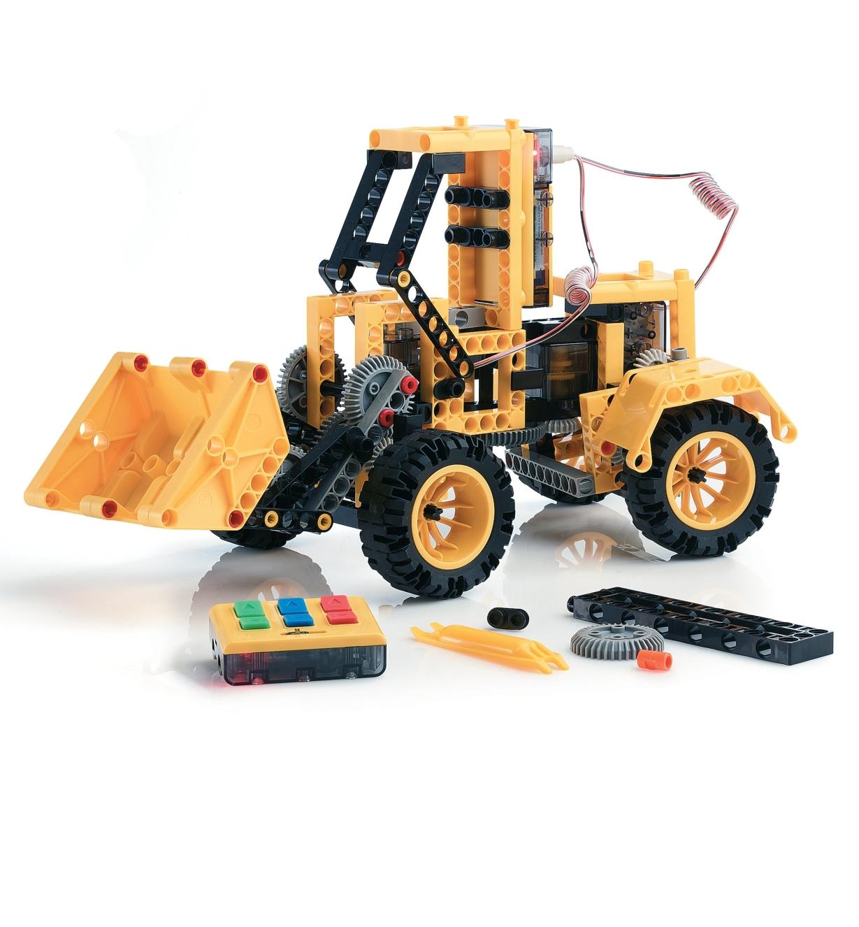 Completed bulldozer made with the Remote-Controlled Construction Vehicles Kit