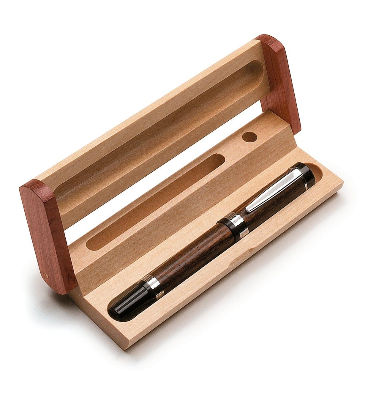 Hardwood case holding a wooden pen