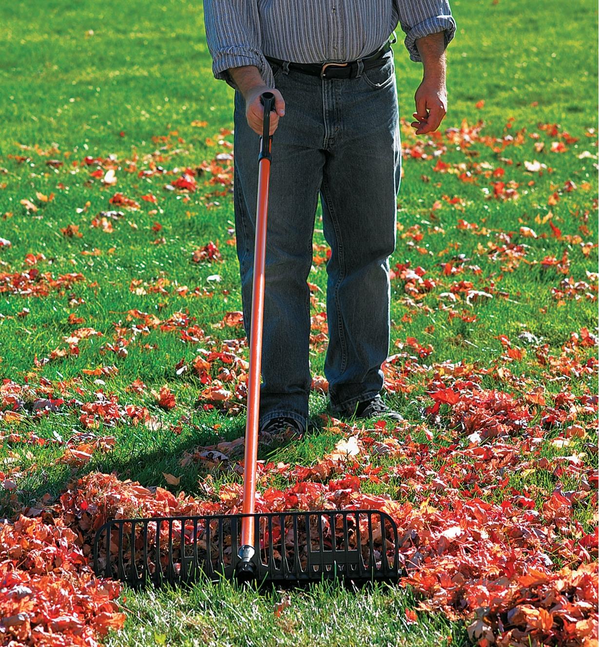 A man uses a Power Rake to rake leaves
