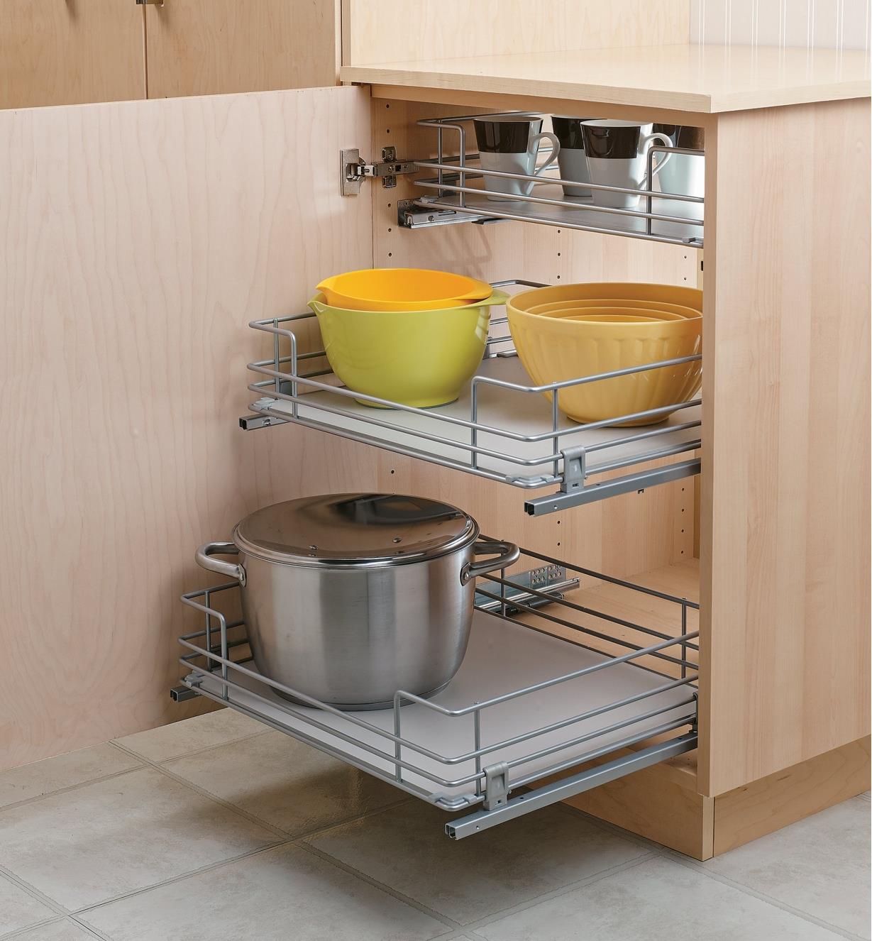 Example of three pull-out drawers installed in a cabinet