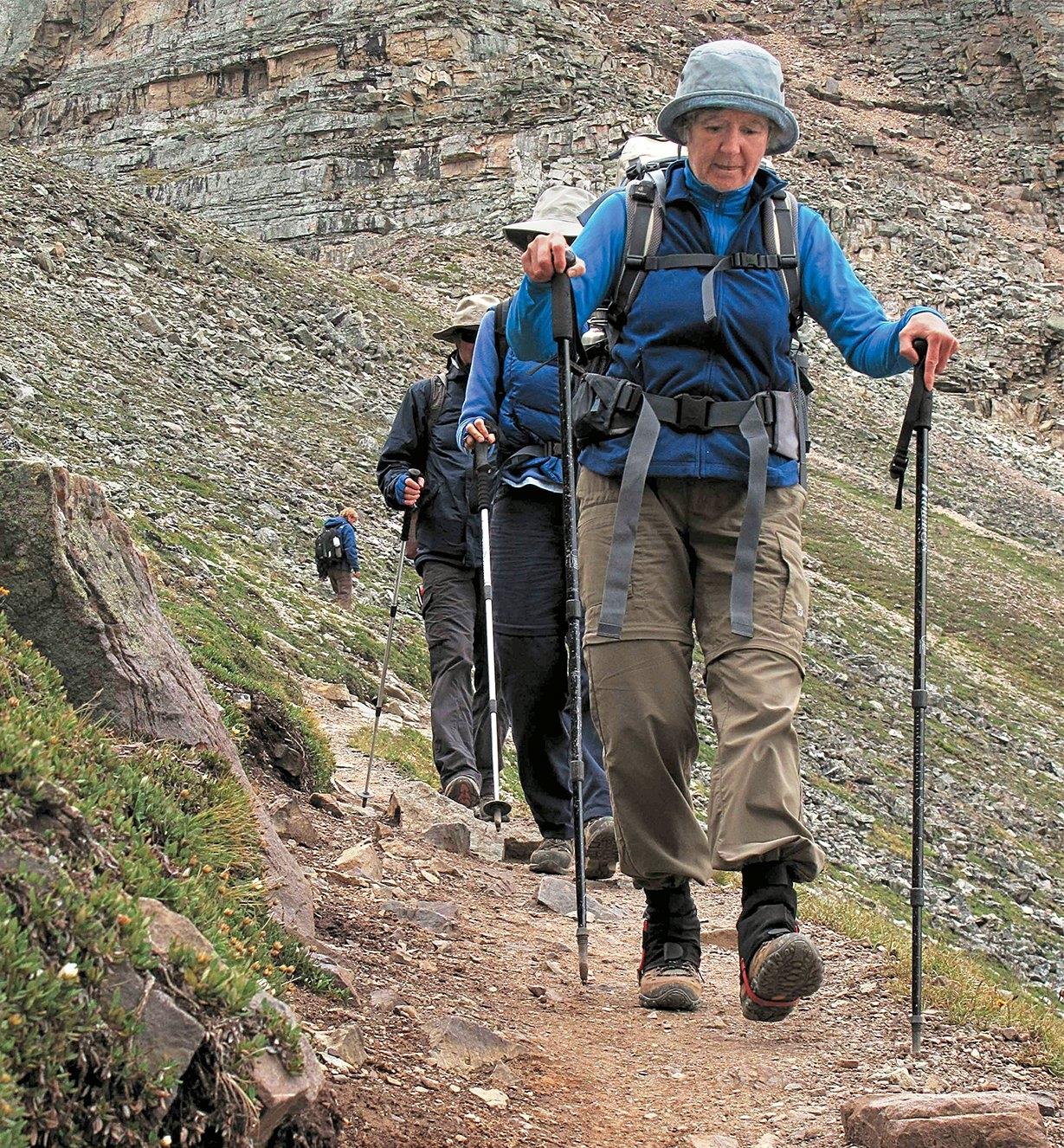 Several people hiking in the mountains with the aid of telescoping hiking sticks