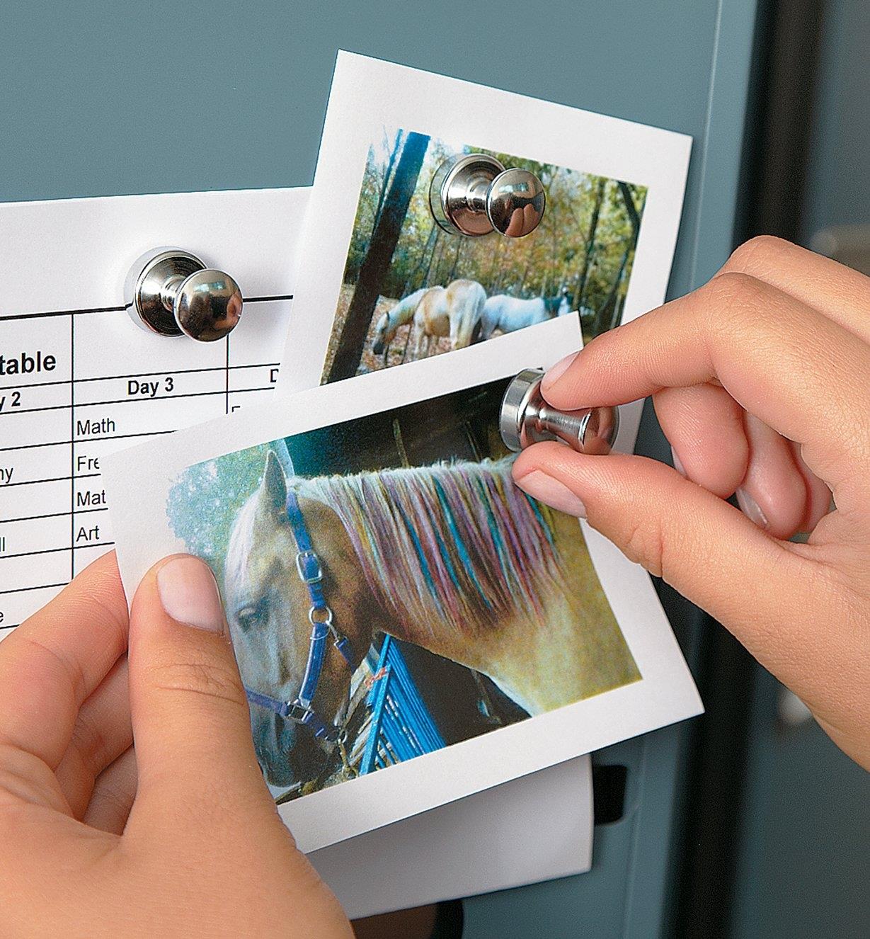 Three fridge magnets on a locker door, holding up photos and a timetable