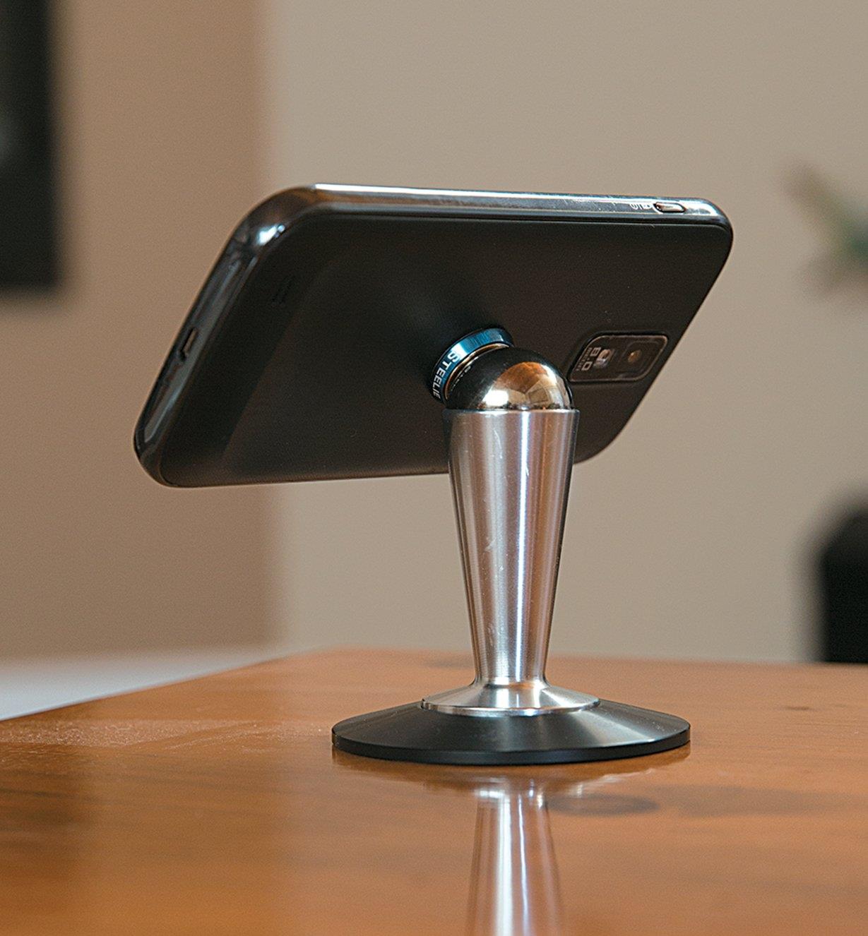 Steelie Smartphone Pedestal holding a phone horizonally