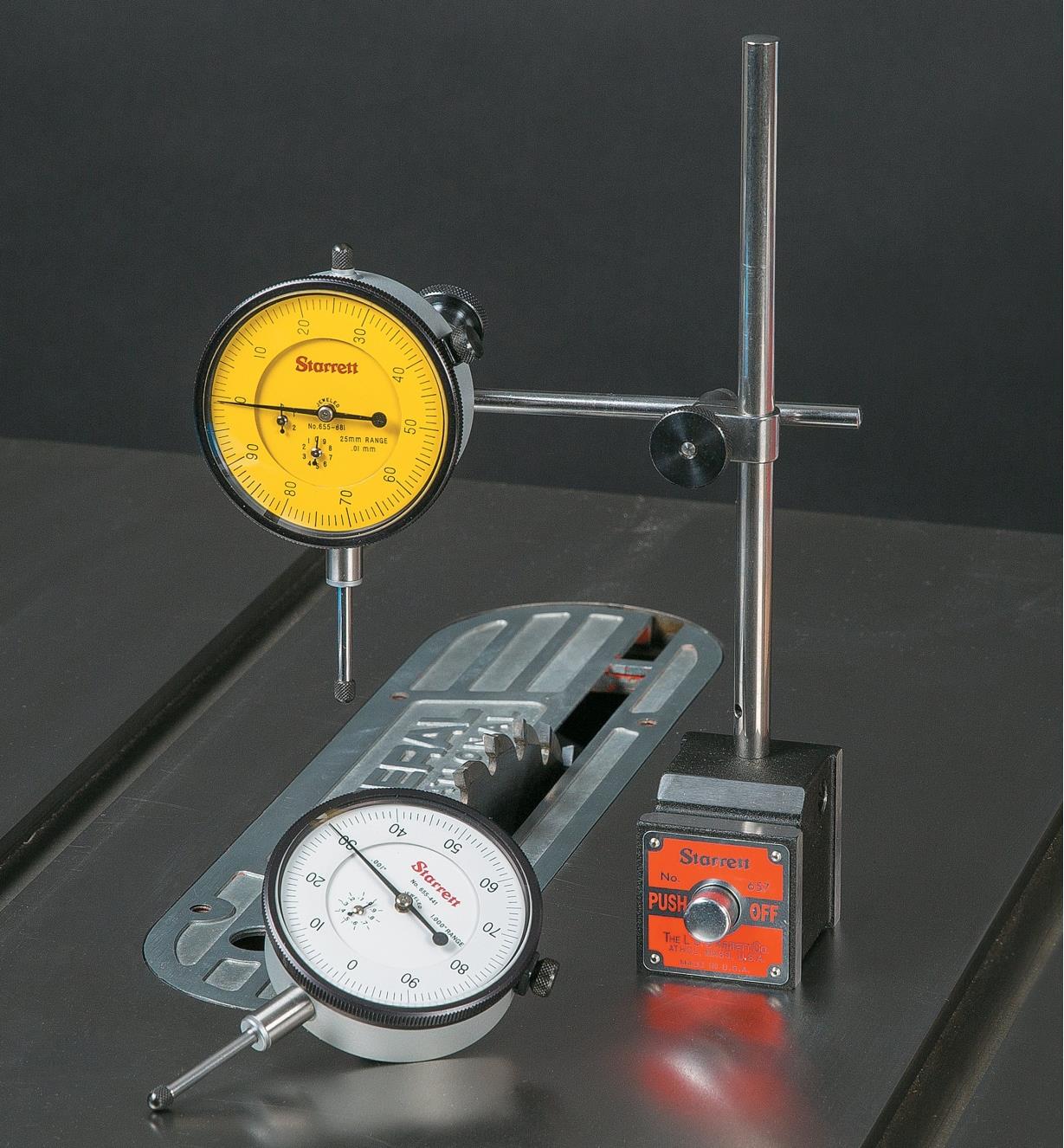Starrett Dial Indicators and Magnetic Base on a table saw