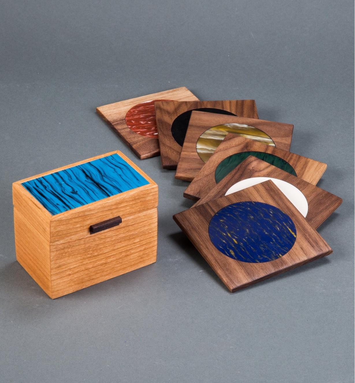 Examples of a box and coasters made with Simulated Natural Material Sheets