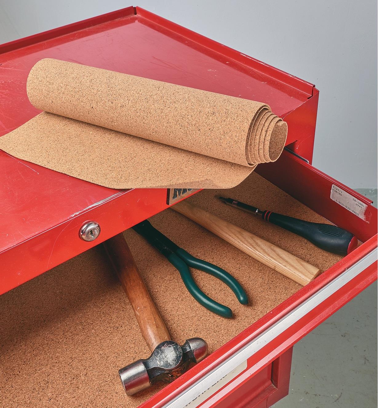 Cork liner used to line a drawer in a tool chest